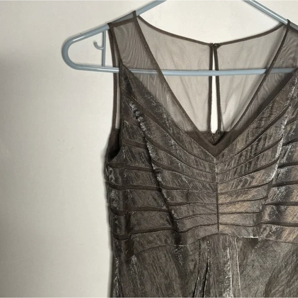 Adrianna Papell Bronze Sheer Shoulder Gathered Pleat Midi Dress 4P - Picture 4 of 6